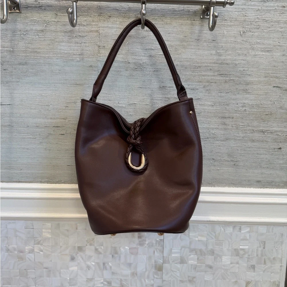 New Anthropologie aota twist tie top handle bucket bag crossbody brown gold